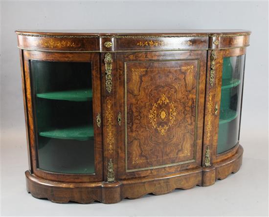 A Victorian marquetry inlaid burr walnut credenza, W.5ft 5in. D.1ft 5in. H.3ft 6in.